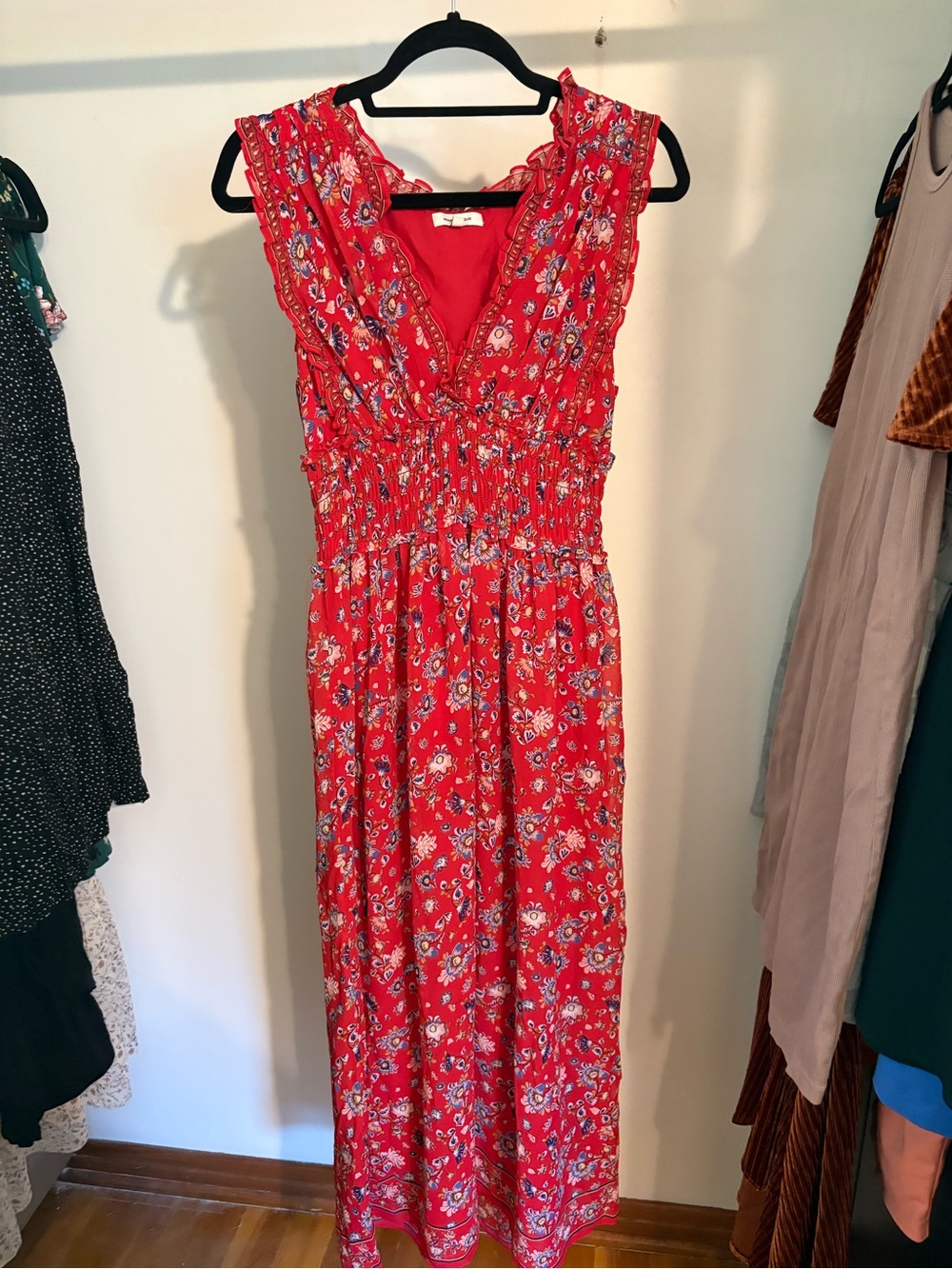 Max Studio Red Floral Smocked V-Neck Maxi Dress
